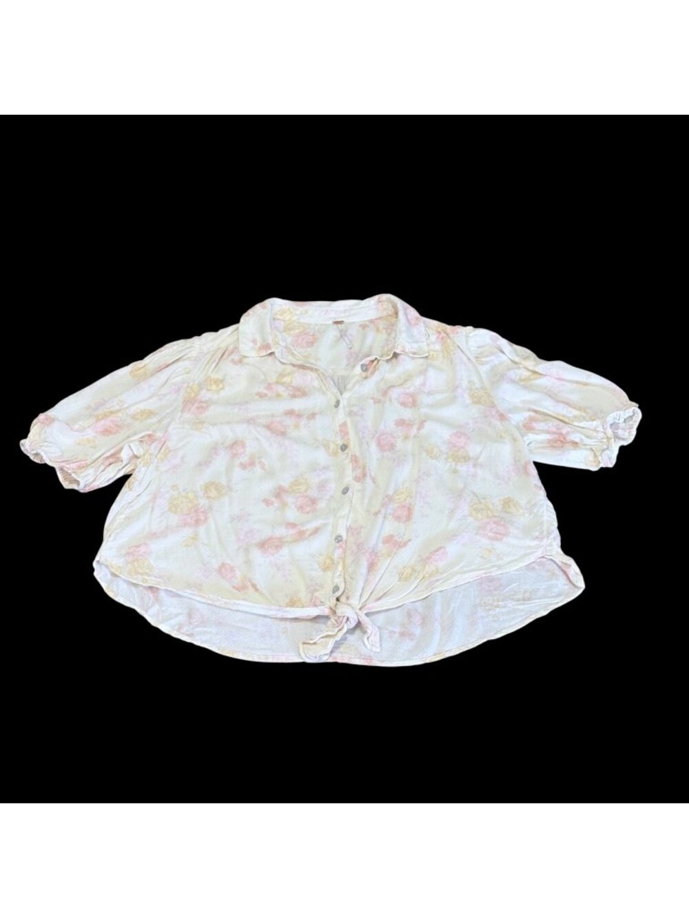 Free People Ivory Floral Button-Up Blouse Puff Sleeves Tie Front Large